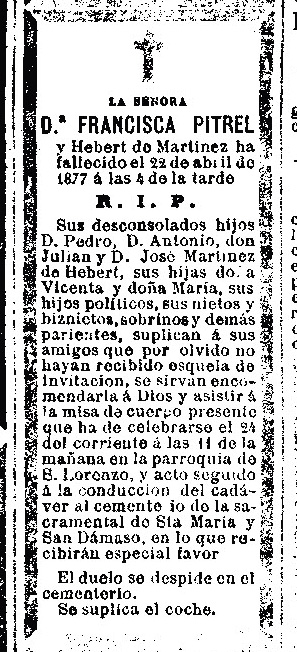 Esquela publicada al periòdic Diario Oficial de Avisos de Madrid, 24 d'abril de 1874. HDBNE 